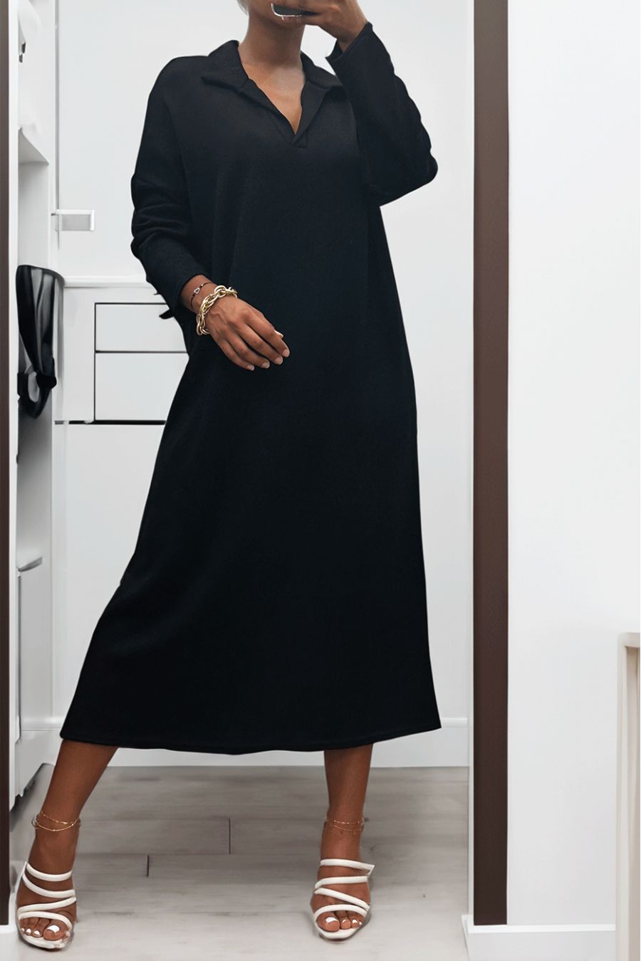 Longue robe épaisse col chemise en noire - 5