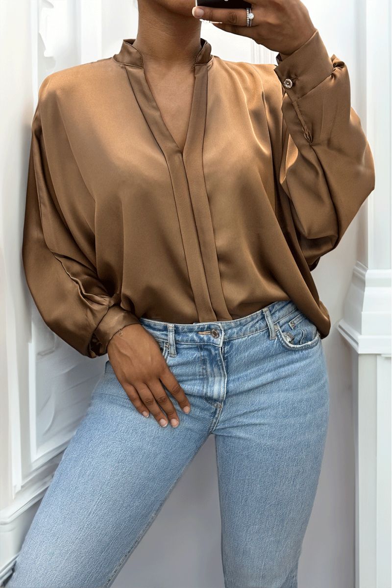 Blouse marron over size satiné avec plis - 4