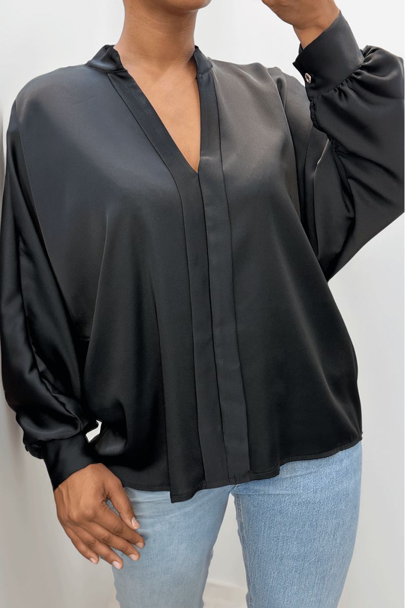 Black oversize satin blouse with pleats - 1