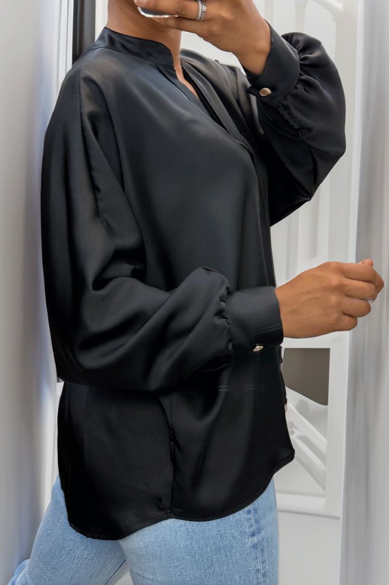 Black oversize satin blouse with pleats - 2