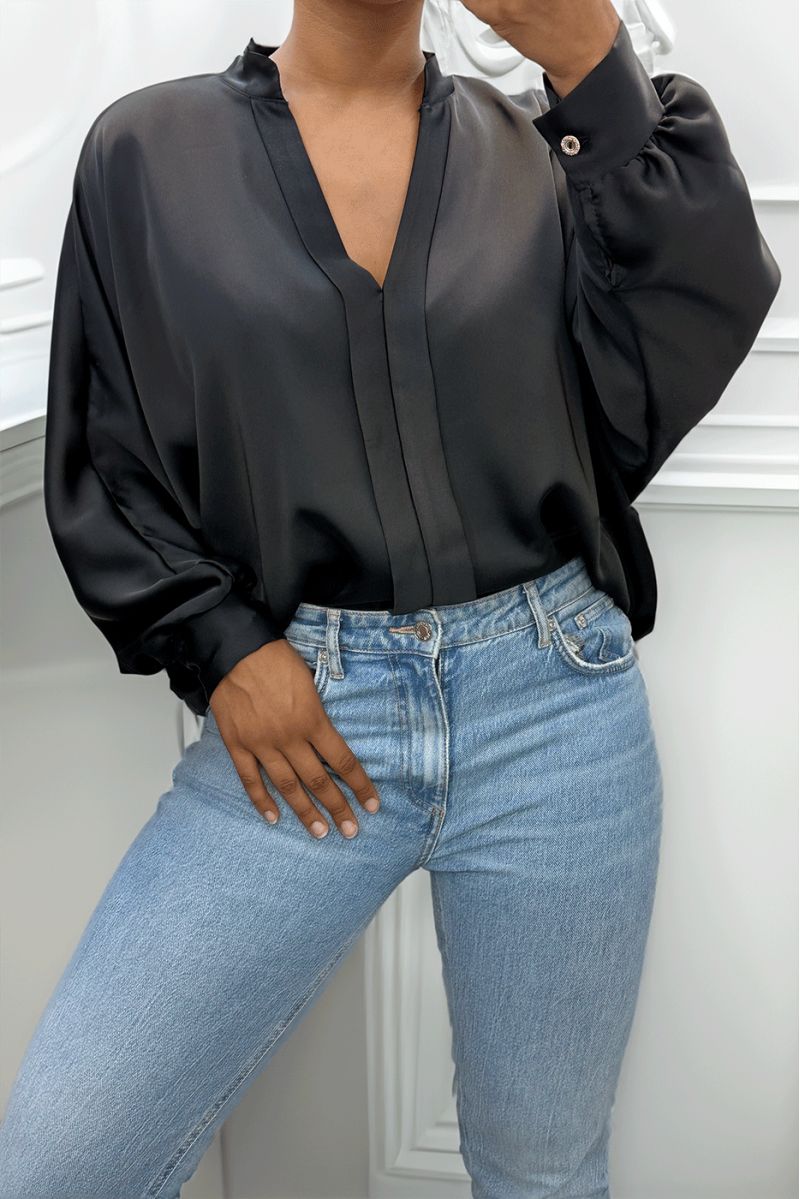 Black oversize satin blouse with pleats - 3