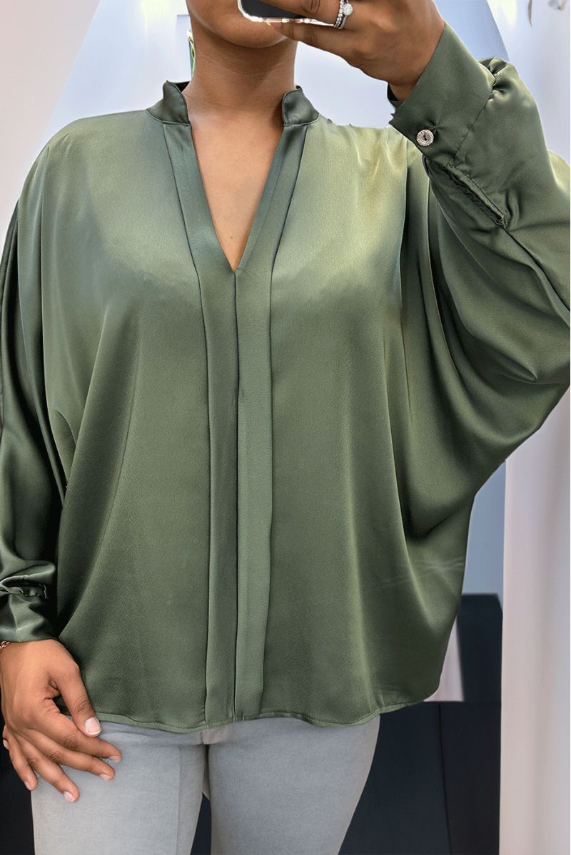 Green oversize satin blouse with pleats - 1