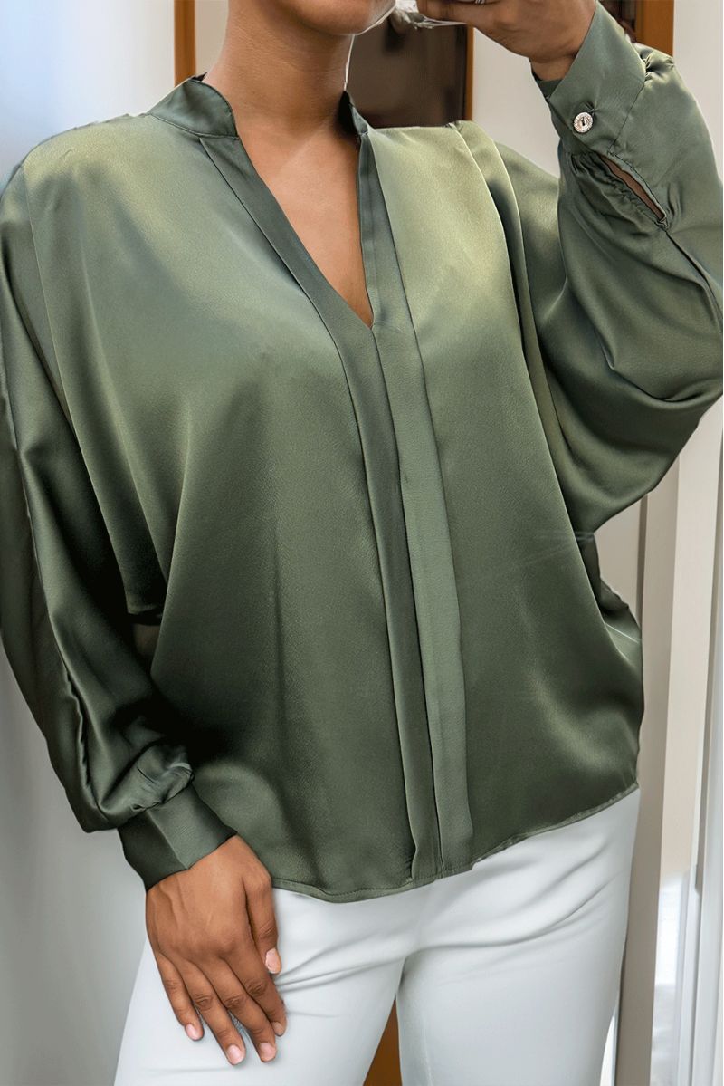 Green oversize satin blouse with pleats - 2