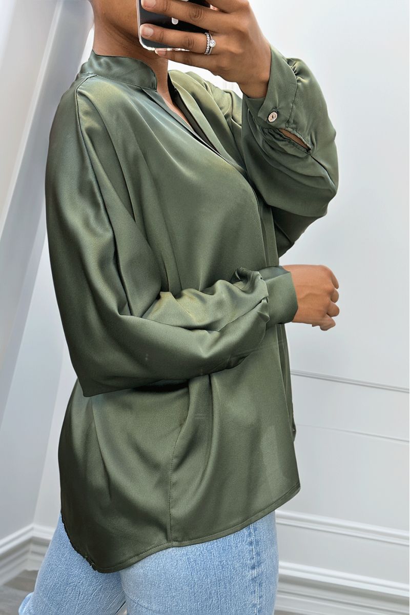 Green oversize satin blouse with pleats - 3