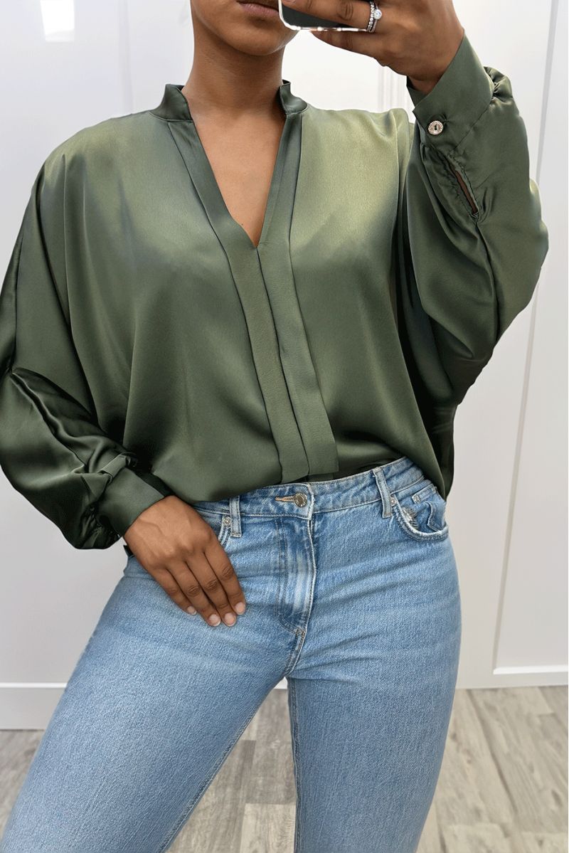 Green oversize satin blouse with pleats - 4