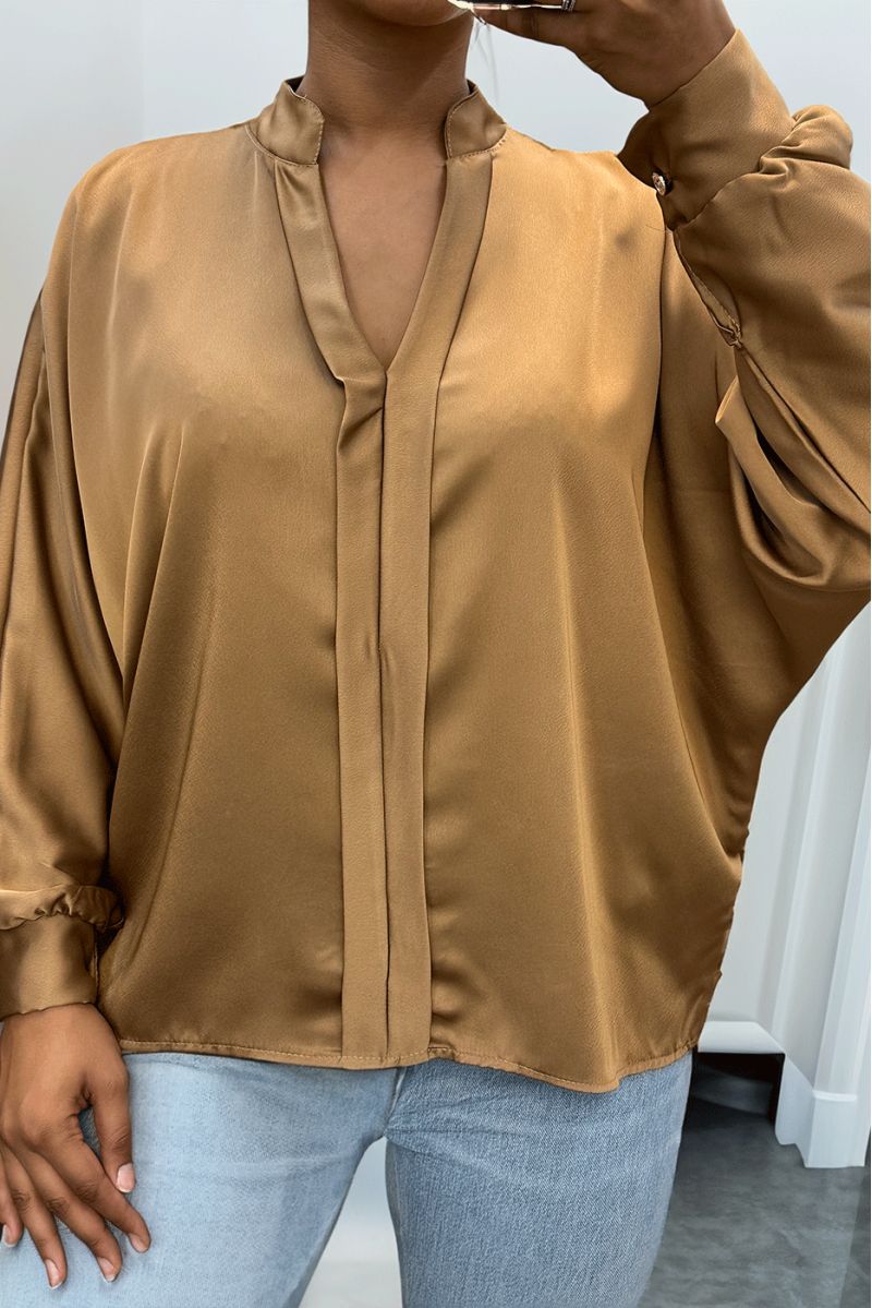 Camel oversize satin blouse with pleats - 2 Camel oversize satin blouse with pleats - 2