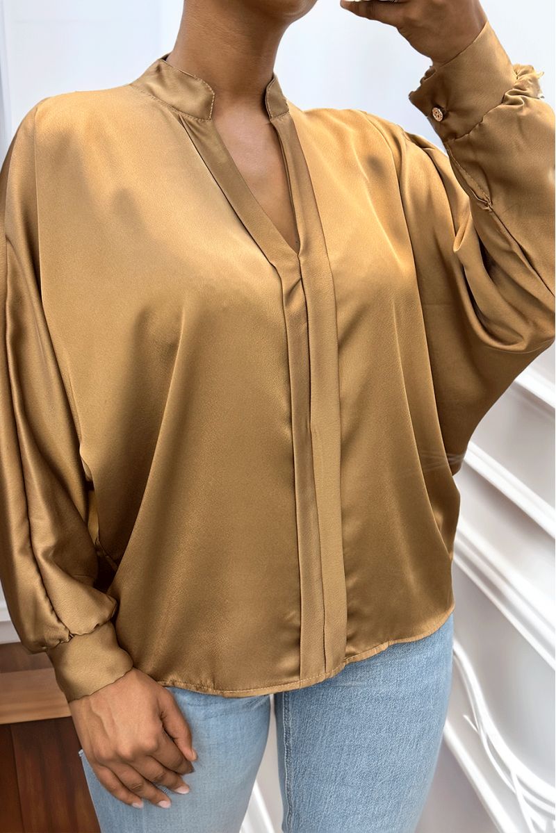 Camel oversize satin blouse with pleats - 3 Camel oversize satin blouse with pleats - 3