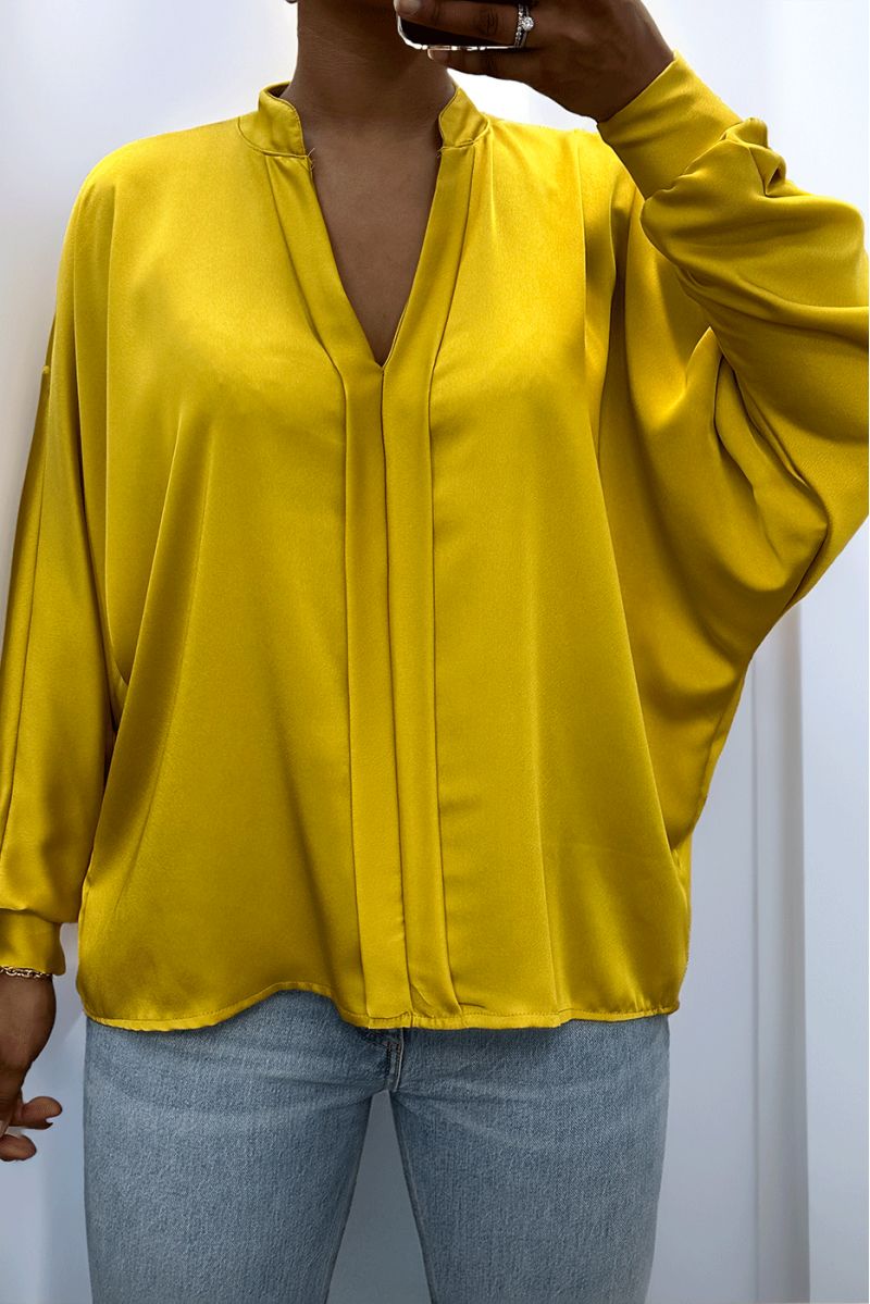 Blouse moutarde over size satiné avec plis - 2