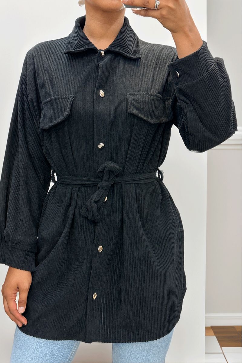 Longue sur chemise noire côtelé bien épais avec poches et ceinture - 1