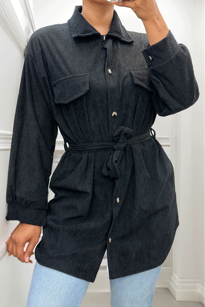 Longue sur chemise noire côtelé bien épais avec poches et ceinture - 2