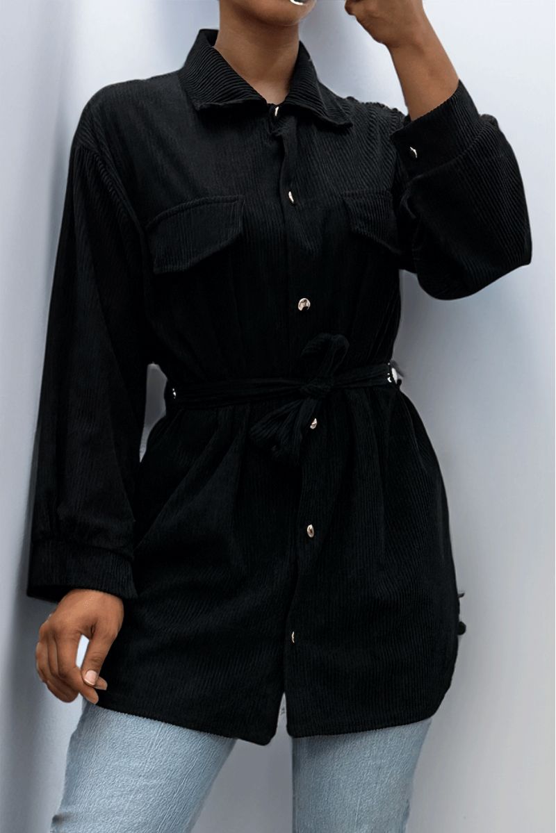 LoLLue on thick black ribbed shirt with pockets and belt - 4