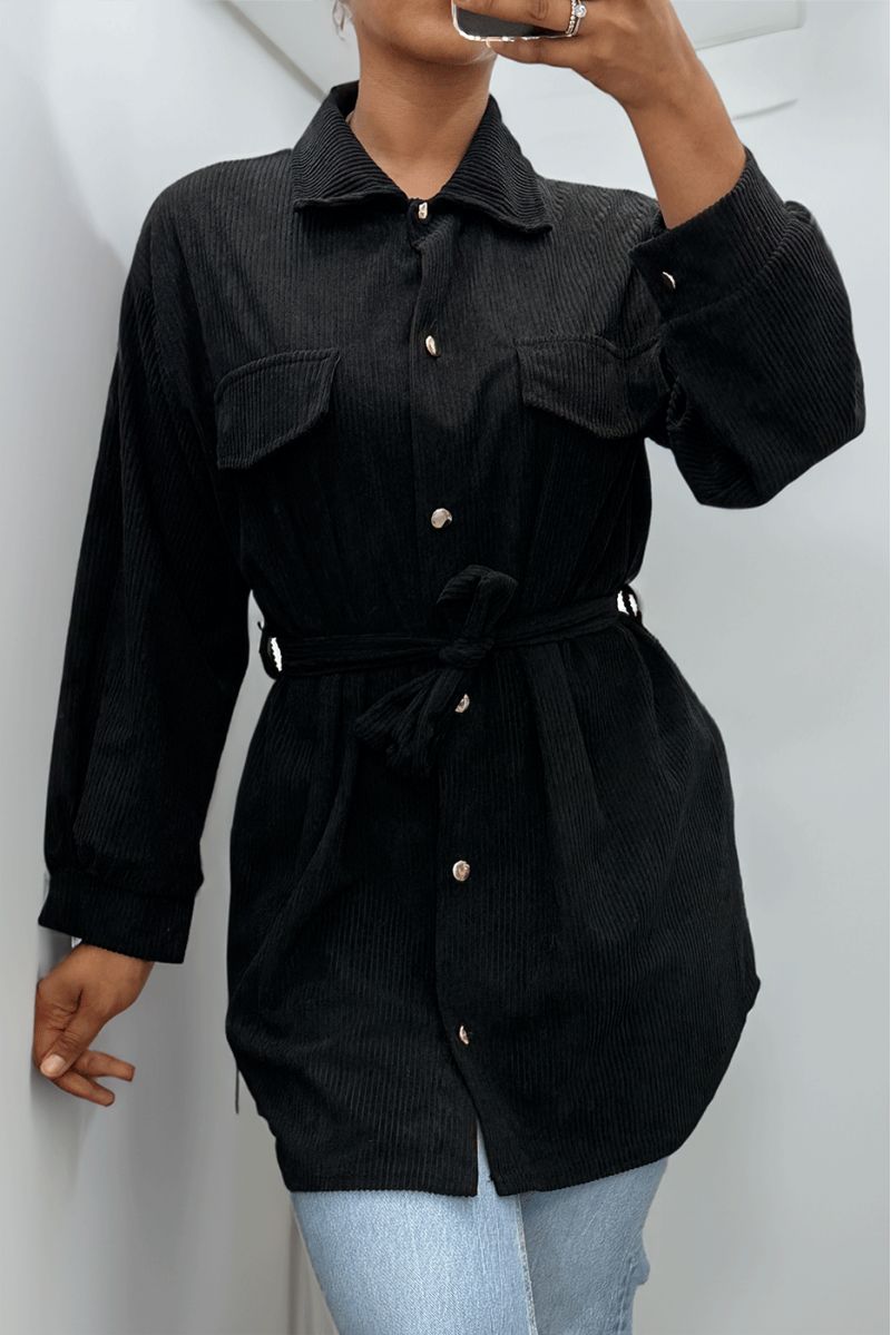 LoLLue on thick black ribbed shirt with pockets and belt - 5