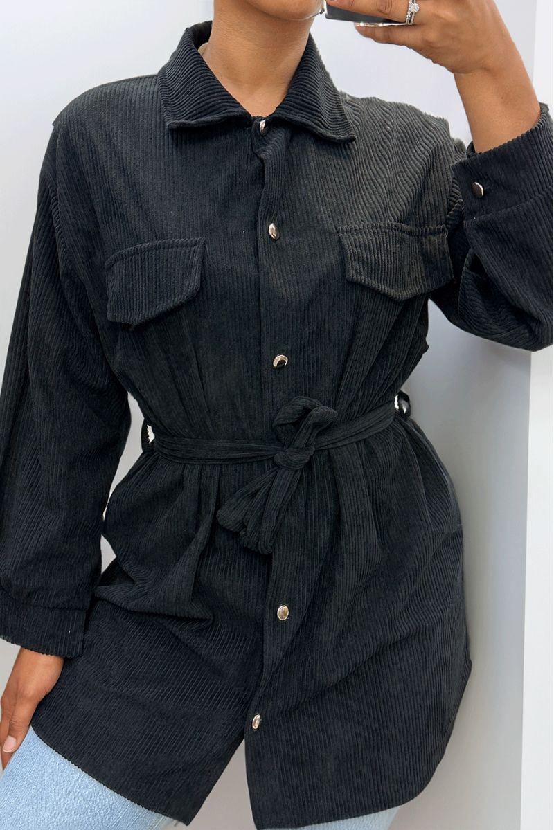 Longue sur chemise noire côtelé bien épais avec poches et ceinture - 8