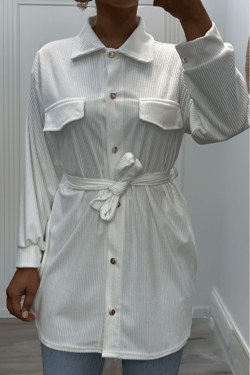 Long over thick white ribbed shirt with pockets and belt - 1