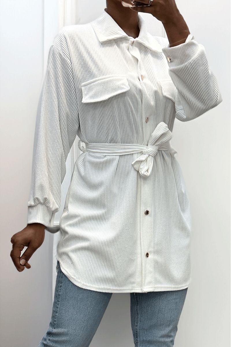 Long over thick white ribbed shirt with pockets and belt - 5