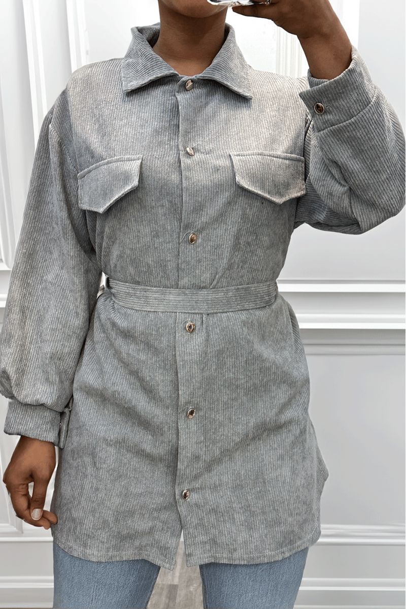 Longue sur chemise grise côtelé bien épais avec poches et ceinture - 1 Longue sur chemise grise côtelé bien épais avec poches et ceinture - 1