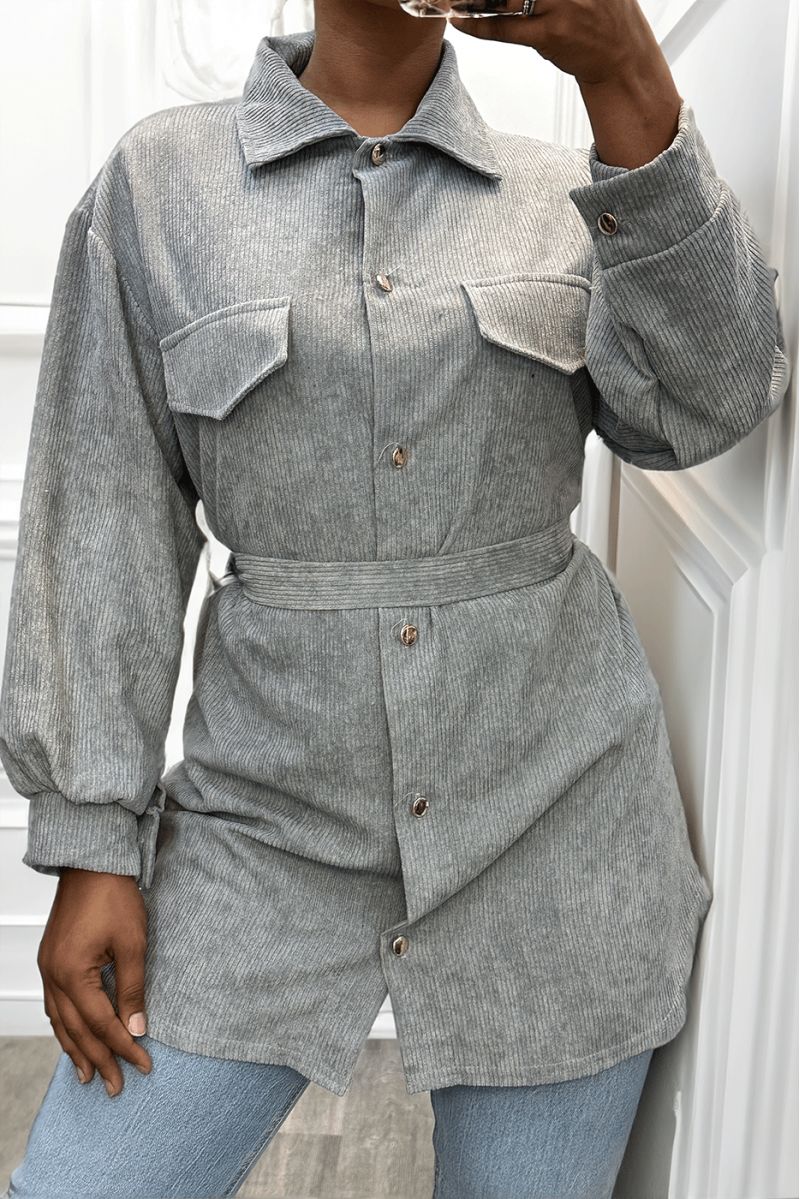 Longue sur chemise grise côtelé bien épais avec poches et ceinture - 2 Longue sur chemise grise côtelé bien épais avec poches et ceinture - 2