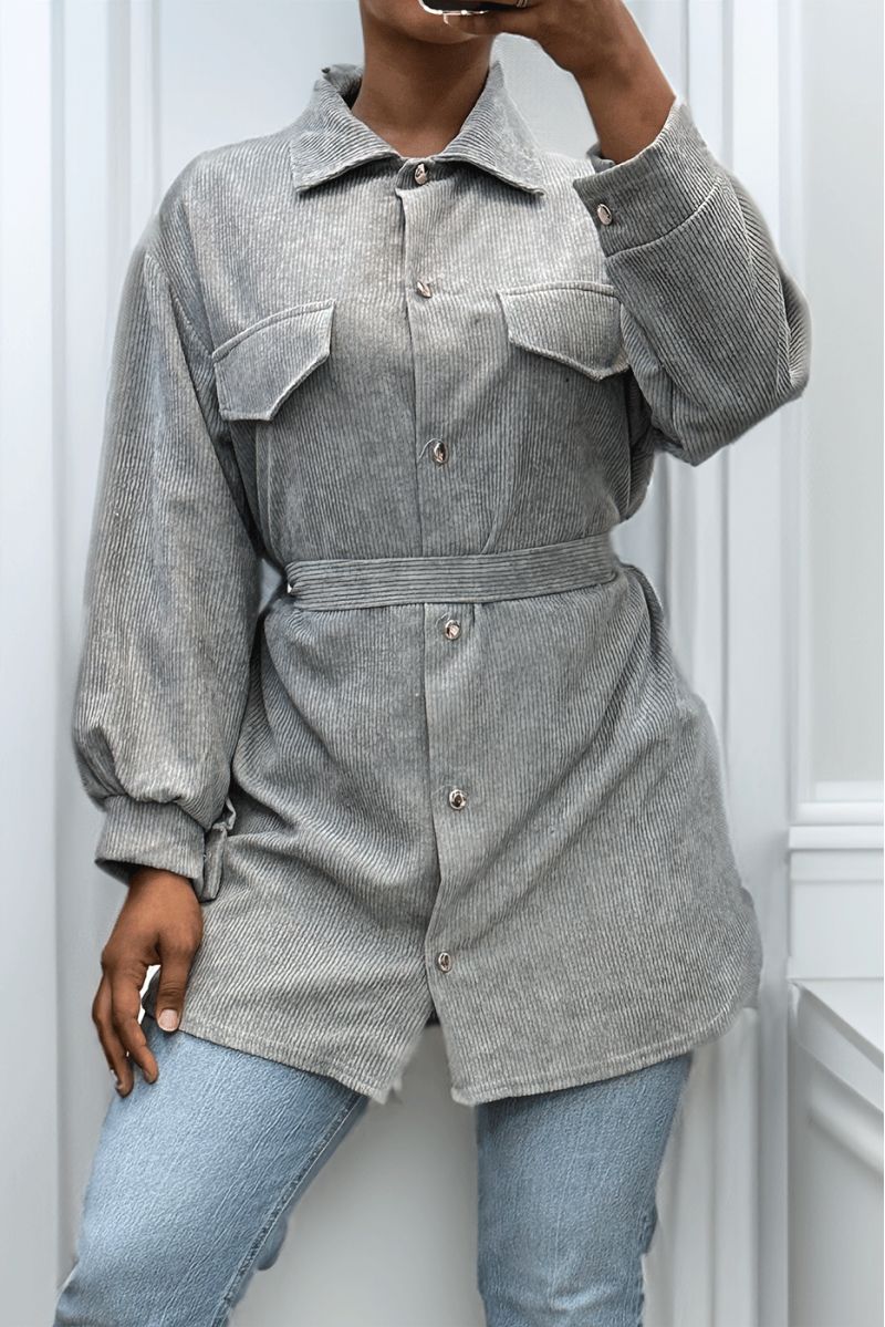Longue sur chemise grise côtelé bien épais avec poches et ceinture - 4 Longue sur chemise grise côtelé bien épais avec poches et ceinture - 4