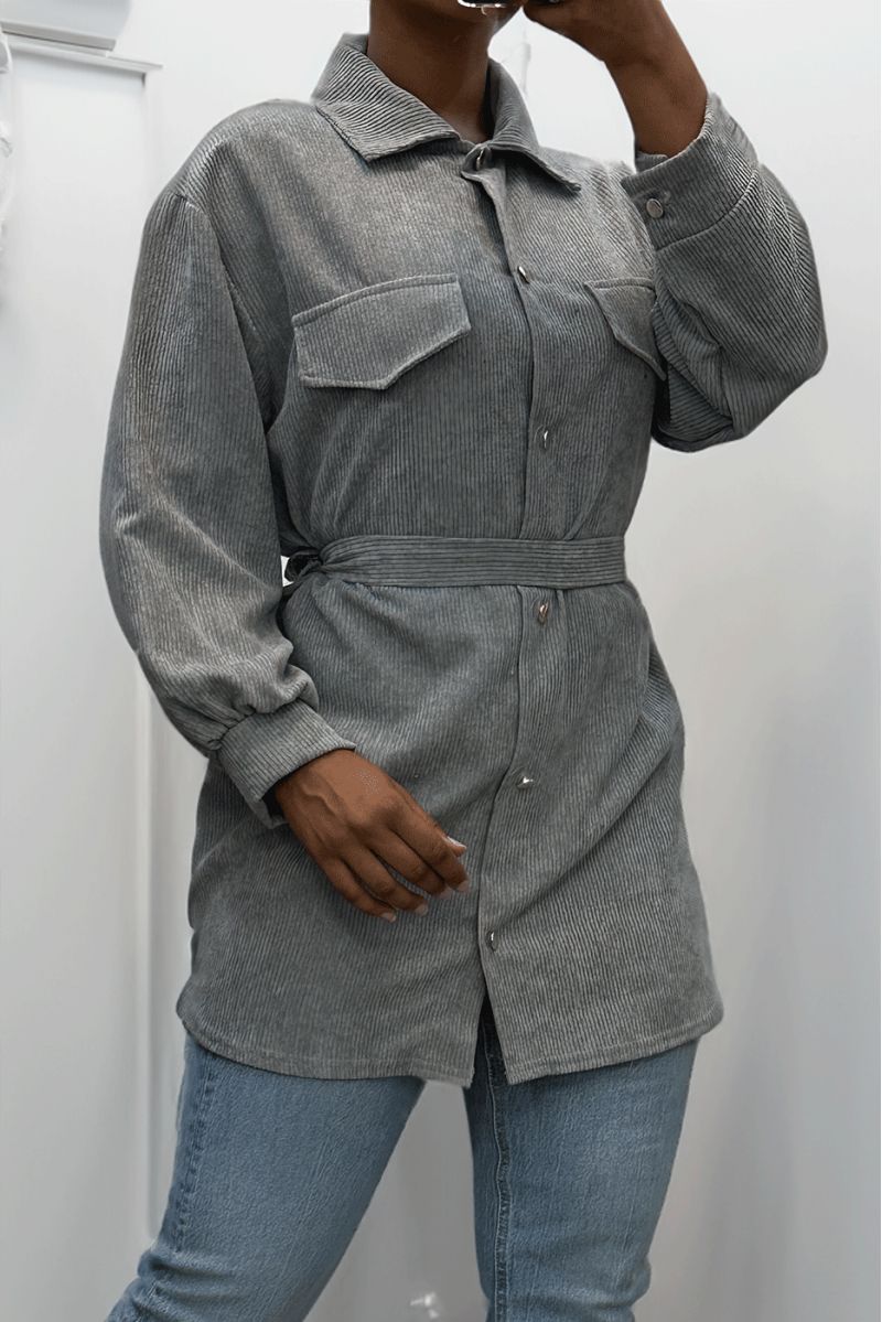 Longue sur chemise grise côtelé bien épais avec poches et ceinture - 5 Longue sur chemise grise côtelé bien épais avec poches et ceinture - 5