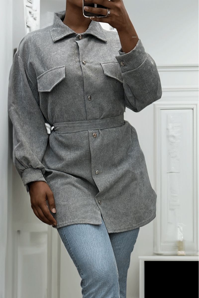 Longue sur chemise grise côtelé bien épais avec poches et ceinture - 6 Longue sur chemise grise côtelé bien épais avec poches et ceinture - 6