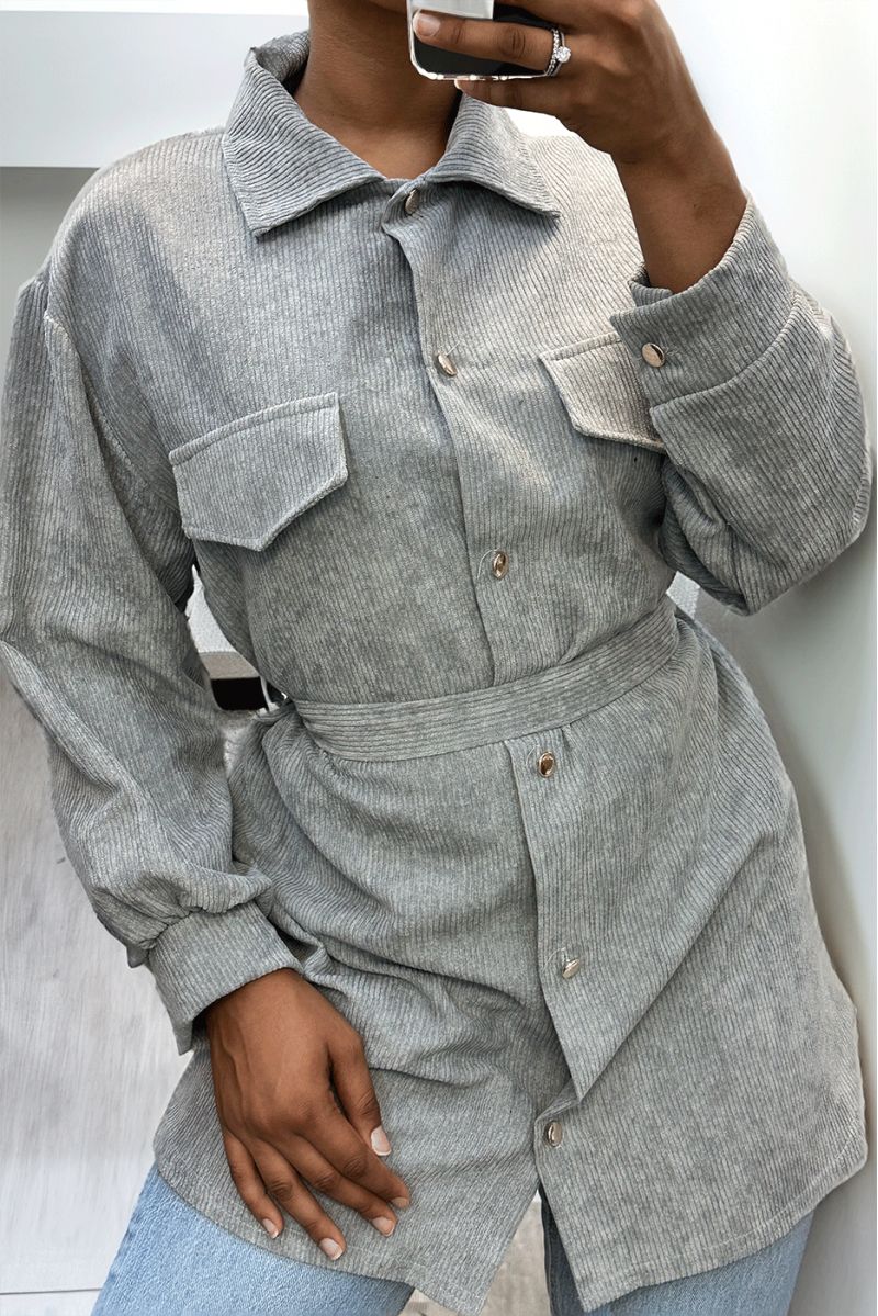 Long over thick gray ribbed shirt with pockets and belt - 7
