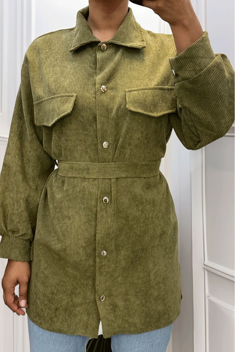 Longue sur chemise kaki côtelé bien épais avec poches et ceinture - 1 Longue sur chemise kaki côtelé bien épais avec poches et ceinture - 1