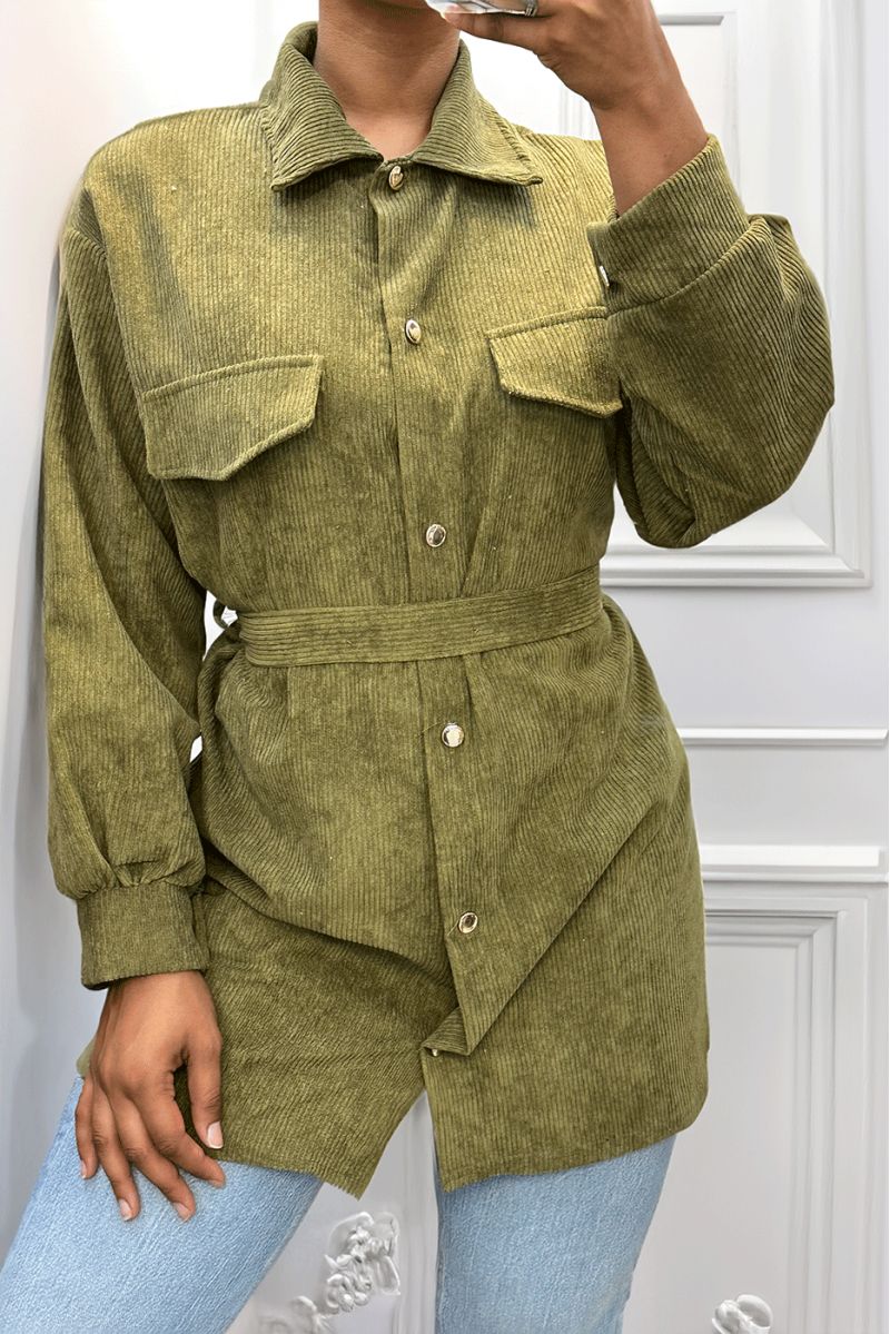 Longue sur chemise kaki côtelé bien épais avec poches et ceinture - 2 Longue sur chemise kaki côtelé bien épais avec poches et ceinture - 2
