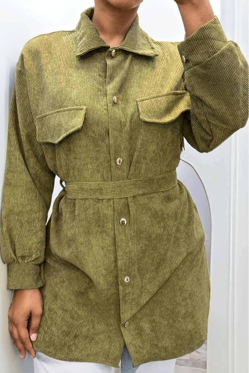 Longue sur chemise kaki côtelé bien épais avec poches et ceinture - 3 Longue sur chemise kaki côtelé bien épais avec poches et ceinture - 3