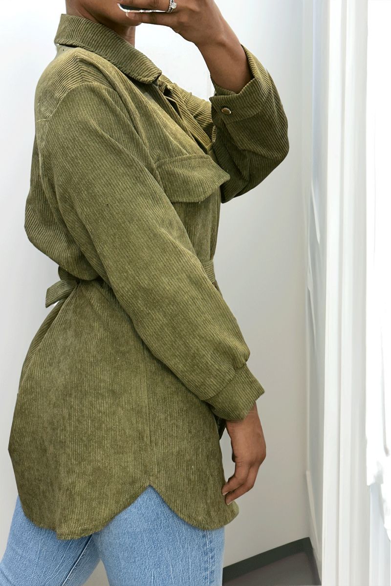 Long over thick ribbed khaki shirt with pockets and belt - 4