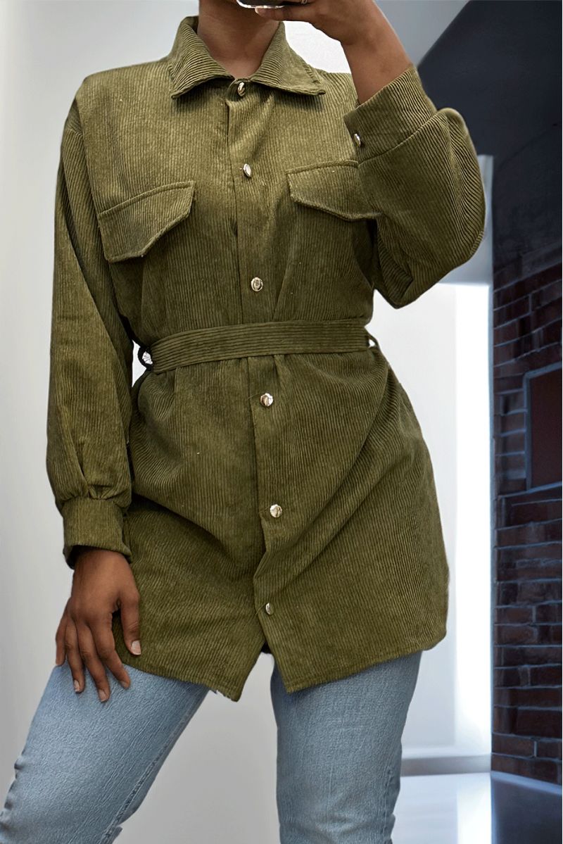 Longue sur chemise kaki côtelé bien épais avec poches et ceinture - 5 Longue sur chemise kaki côtelé bien épais avec poches et ceinture - 5