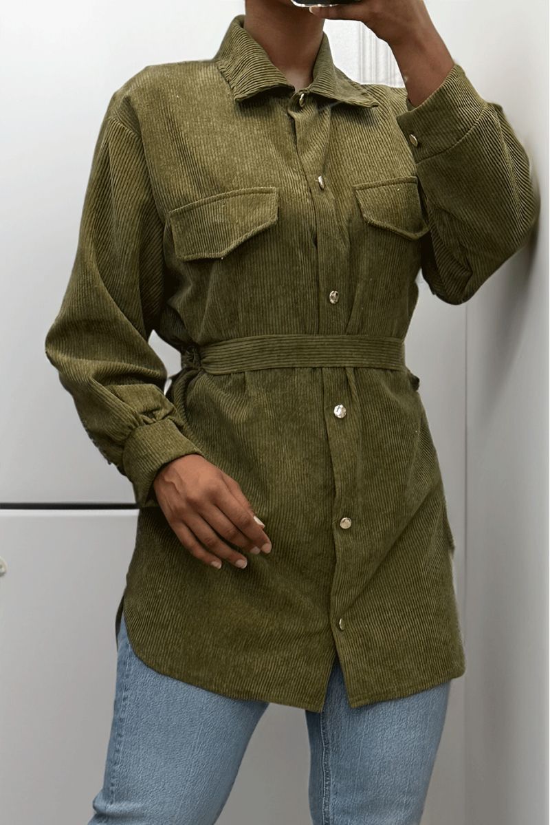 Longue sur chemise kaki côtelé bien épais avec poches et ceinture - 6 Longue sur chemise kaki côtelé bien épais avec poches et ceinture - 6
