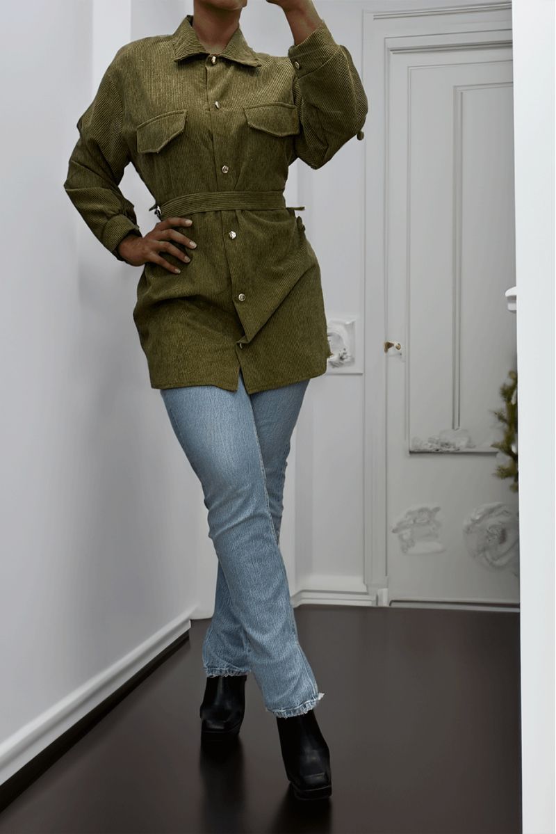 Longue sur chemise kaki côtelé bien épais avec poches et ceinture - 7 Longue sur chemise kaki côtelé bien épais avec poches et ceinture - 7