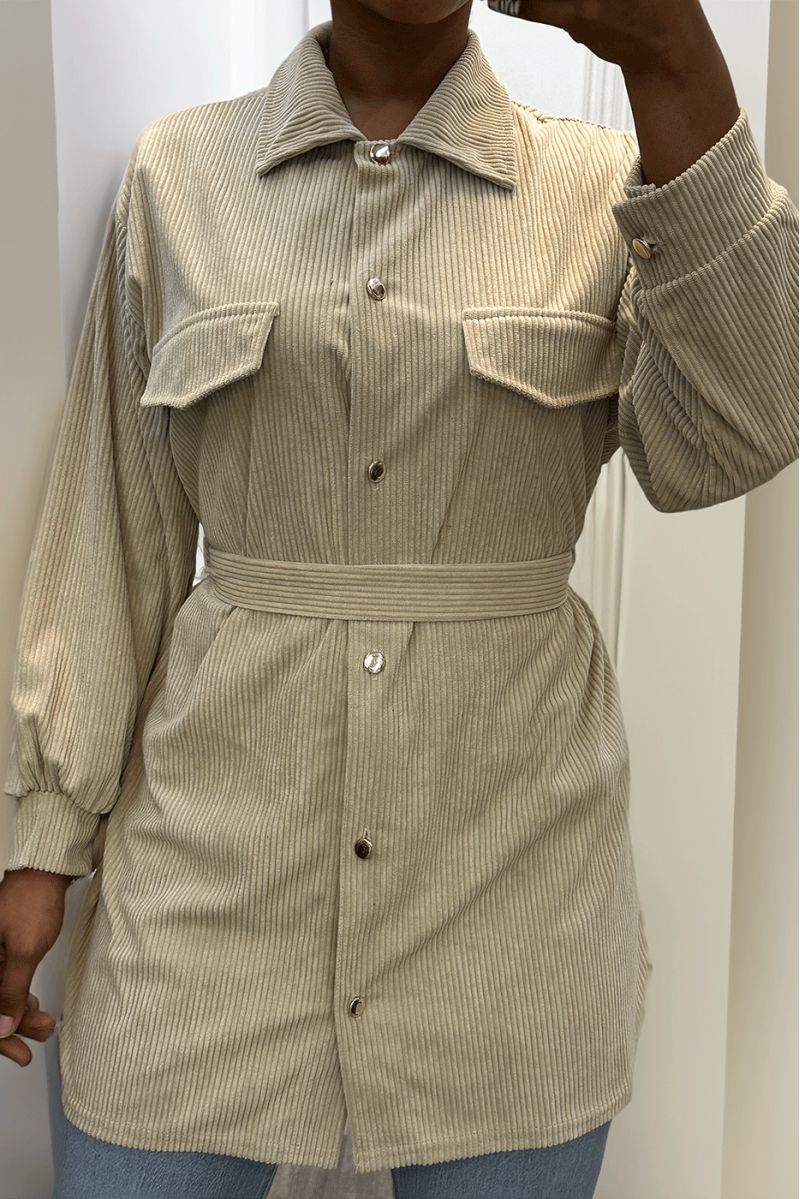Lang over dik geribd beige shirt met zakken en riem - 1