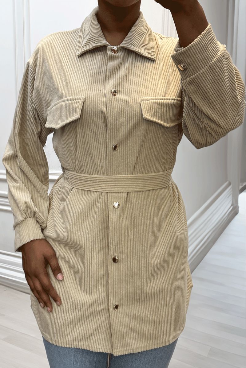 Lang over dik geribd beige shirt met zakken en riem - 2