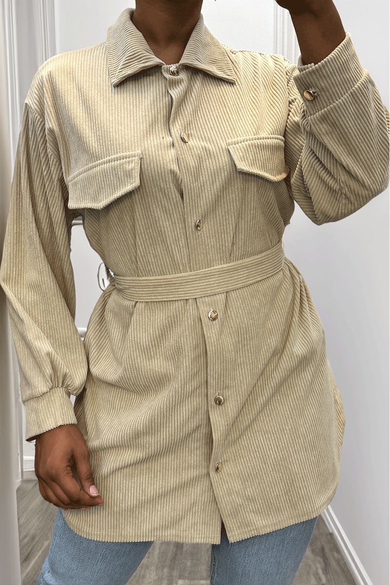 Lang over dik geribd beige shirt met zakken en riem - 3