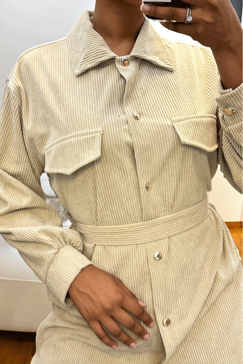 Lang over dik geribd beige shirt met zakken en riem - 4