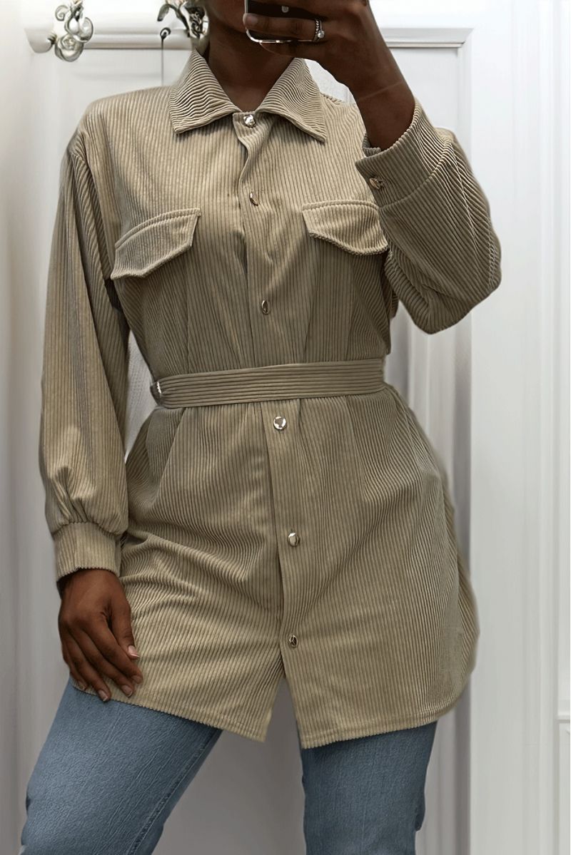 Lang over dik geribd beige shirt met zakken en riem - 6