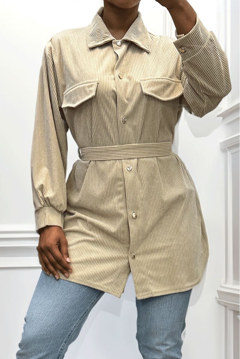 Lang over dik geribd beige shirt met zakken en riem - 7
