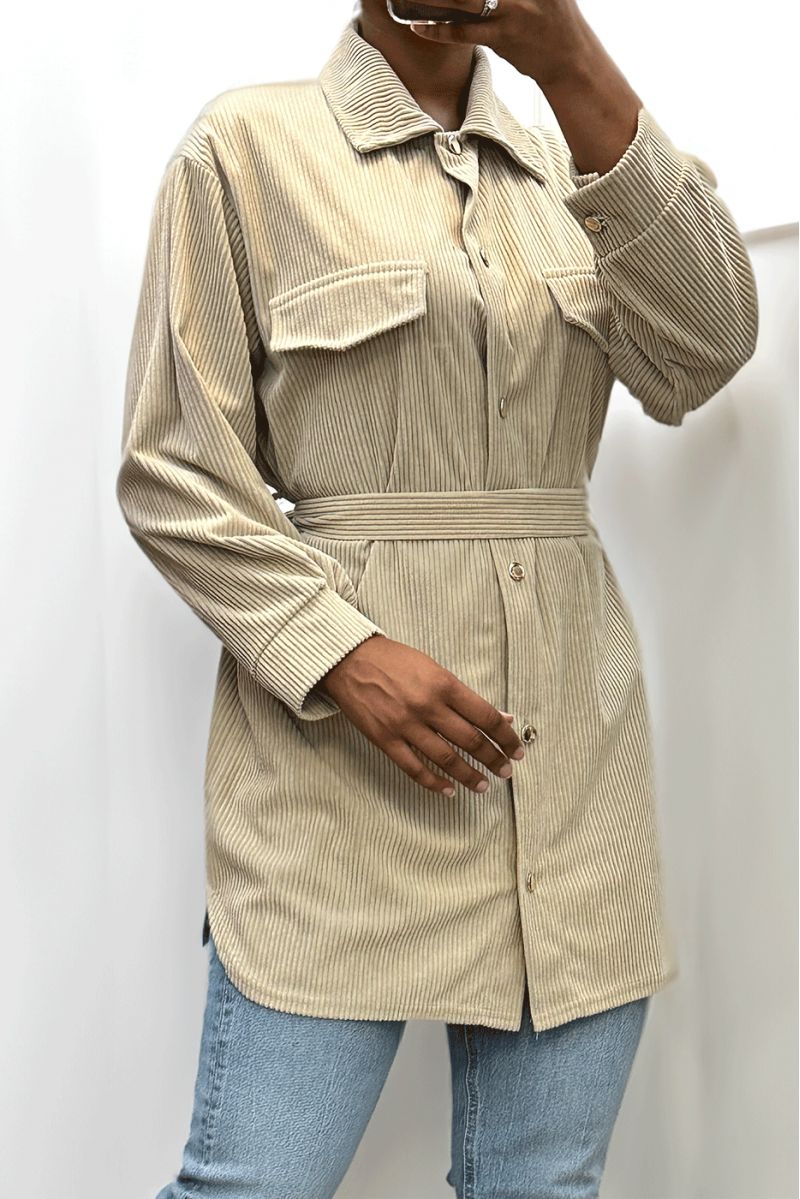 Lang over dik geribd beige shirt met zakken en riem - 8