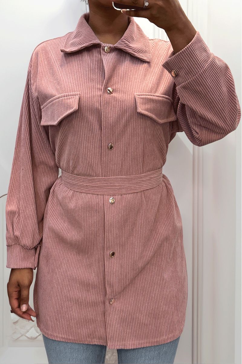 Lang over dik geribd roze shirt met zakken en riem - 1