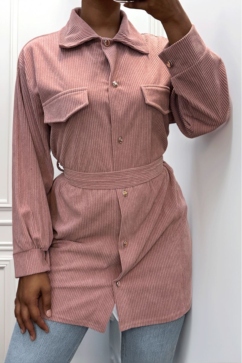 Lang over dik geribd roze shirt met zakken en riem - 2