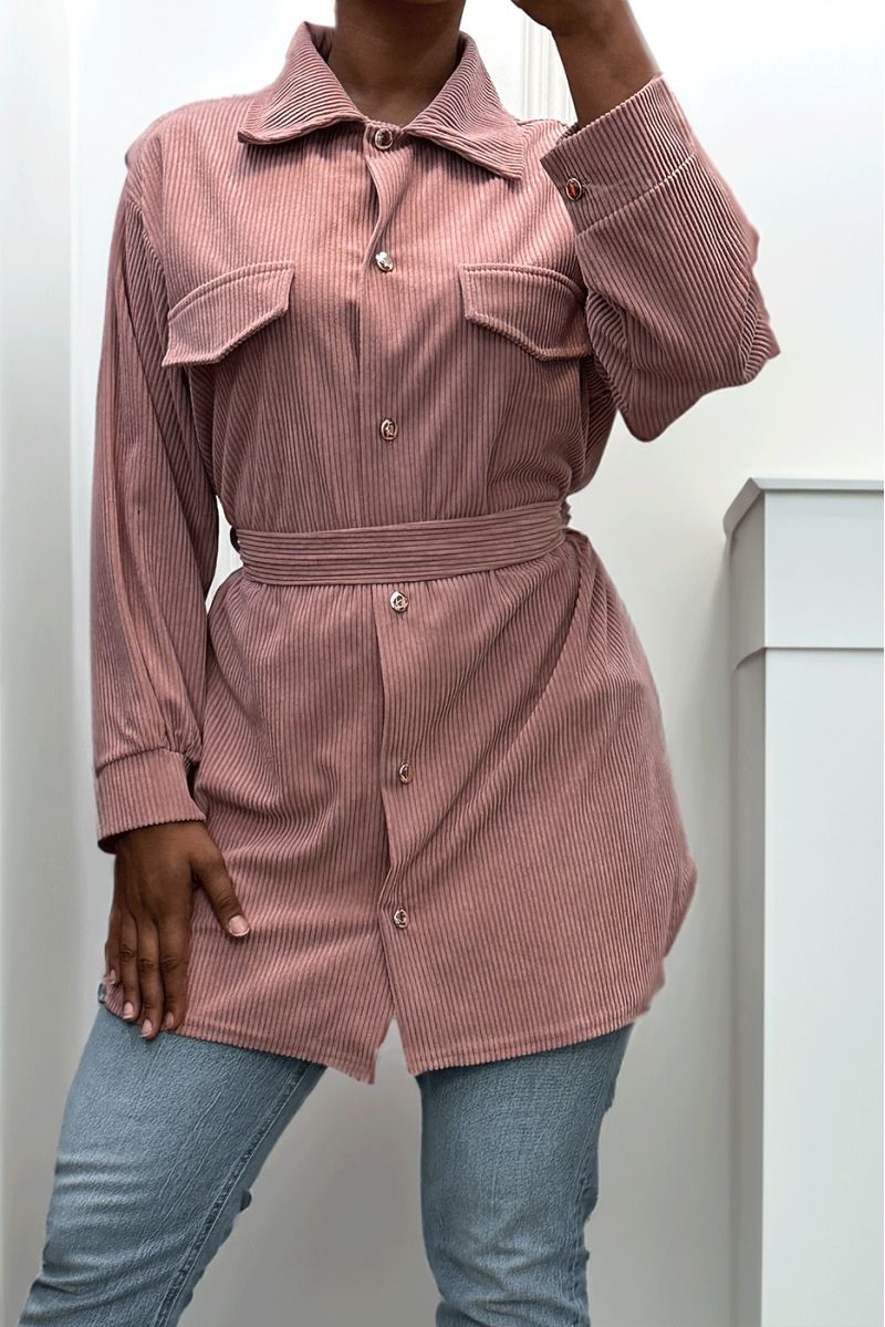Lang over dik geribd roze shirt met zakken en riem - 4