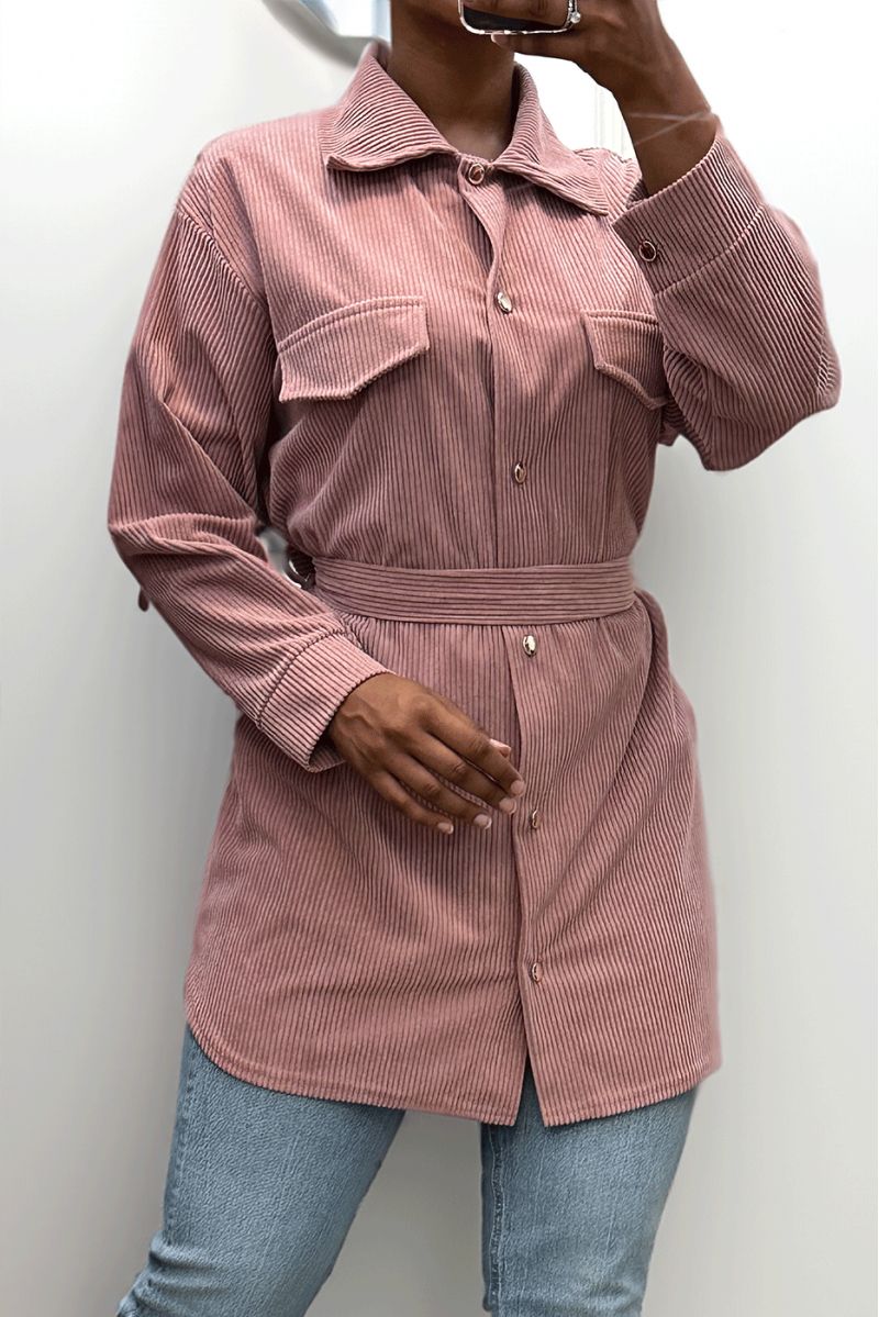 Lang over dik geribd roze shirt met zakken en riem - 5