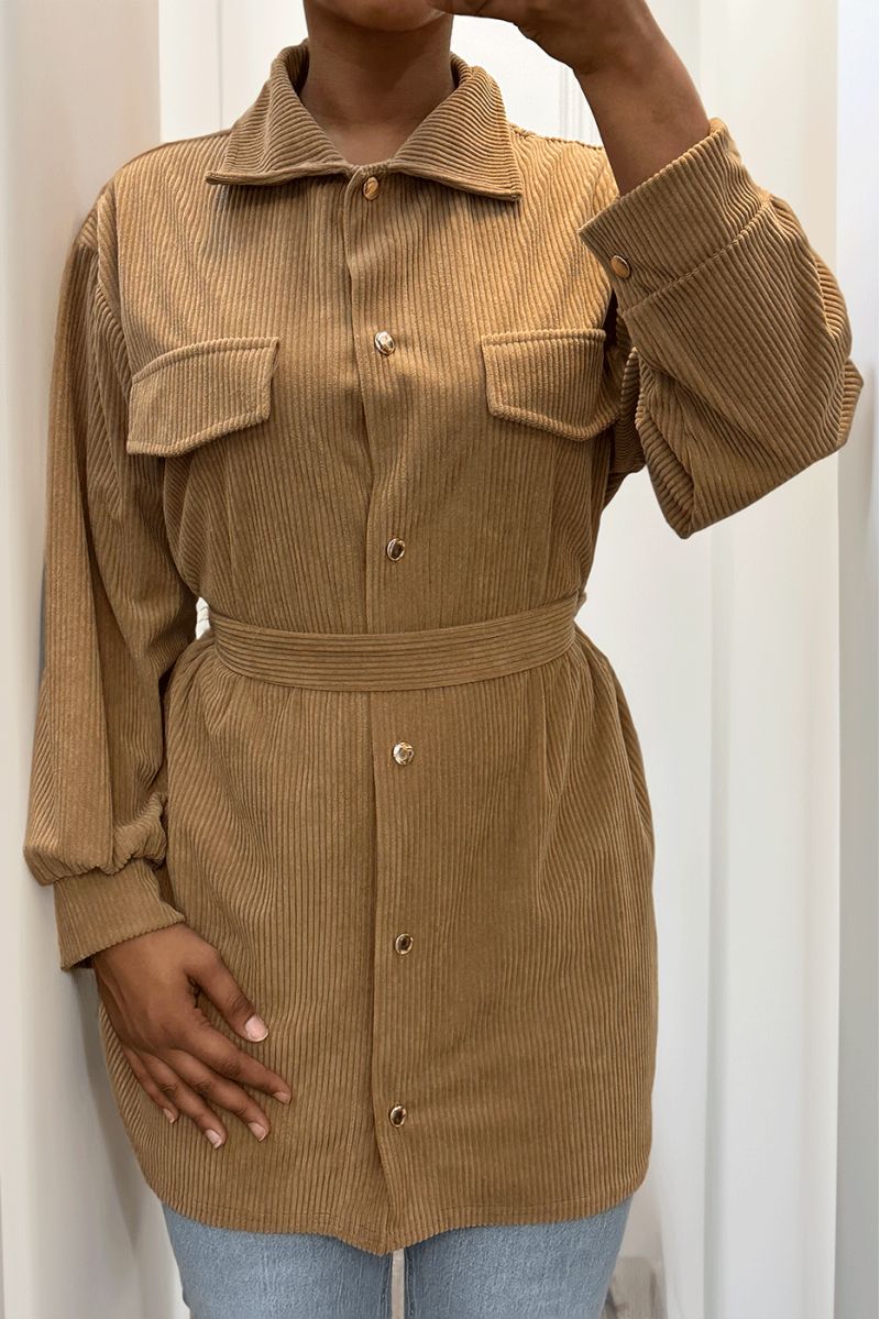 Long over thick ribbed camel shirt with pockets and belt - 1