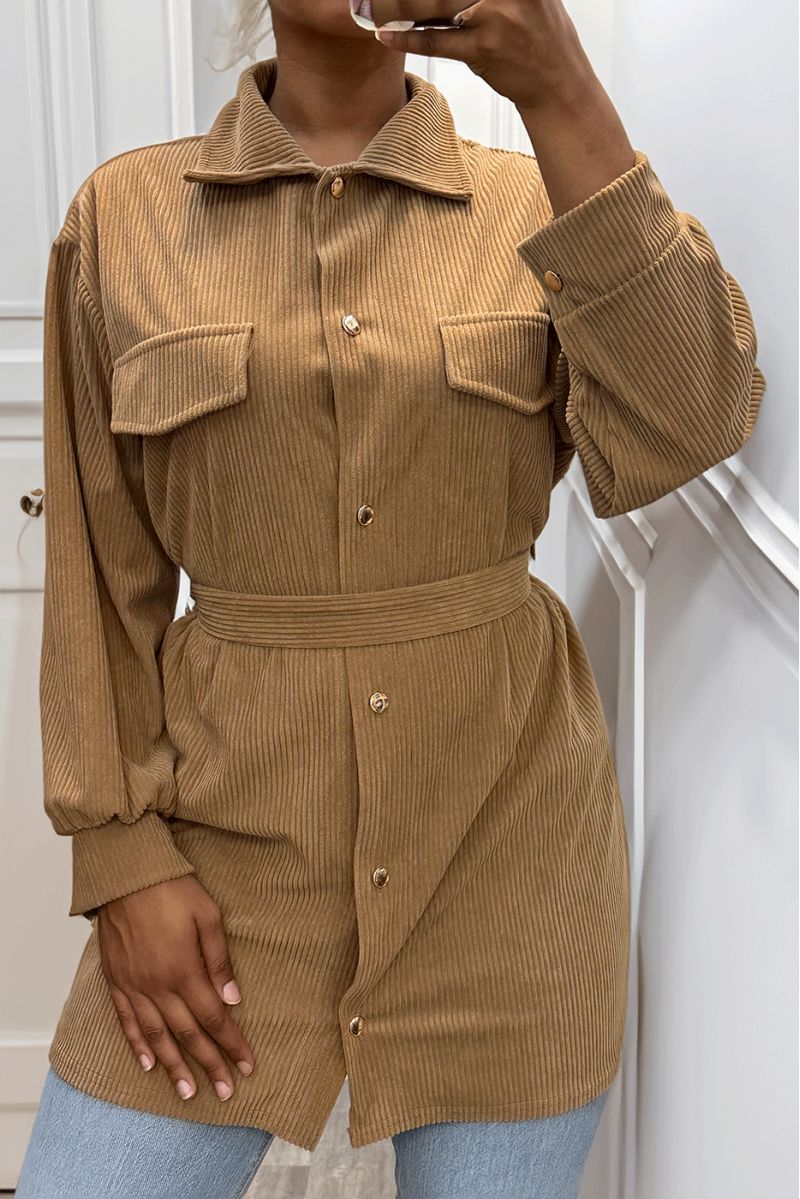Longue sur chemise camel côtelé bien épais avec poches et ceinture - 2 Longue sur chemise camel côtelé bien épais avec poches et ceinture - 2