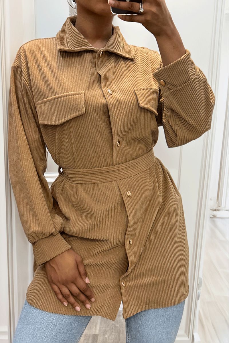 Longue sur chemise camel côtelé bien épais avec poches et ceinture - 3 Longue sur chemise camel côtelé bien épais avec poches et ceinture - 3