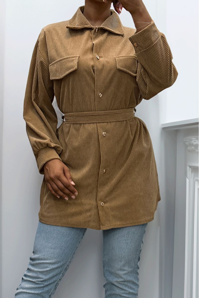 Longue sur chemise camel côtelé bien épais avec poches et ceinture - 5 Longue sur chemise camel côtelé bien épais avec poches et ceinture - 5