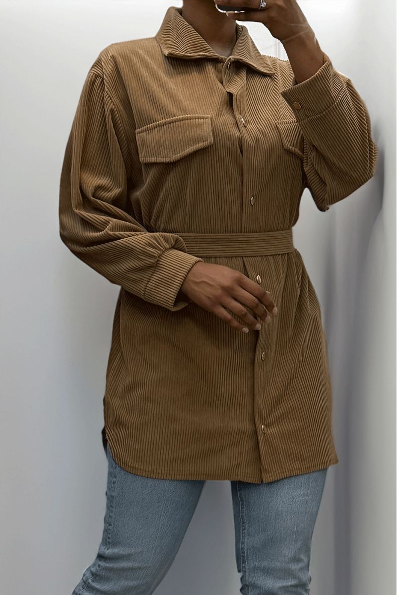 Longue sur chemise camel côtelé bien épais avec poches et ceinture - 6 Longue sur chemise camel côtelé bien épais avec poches et ceinture - 6