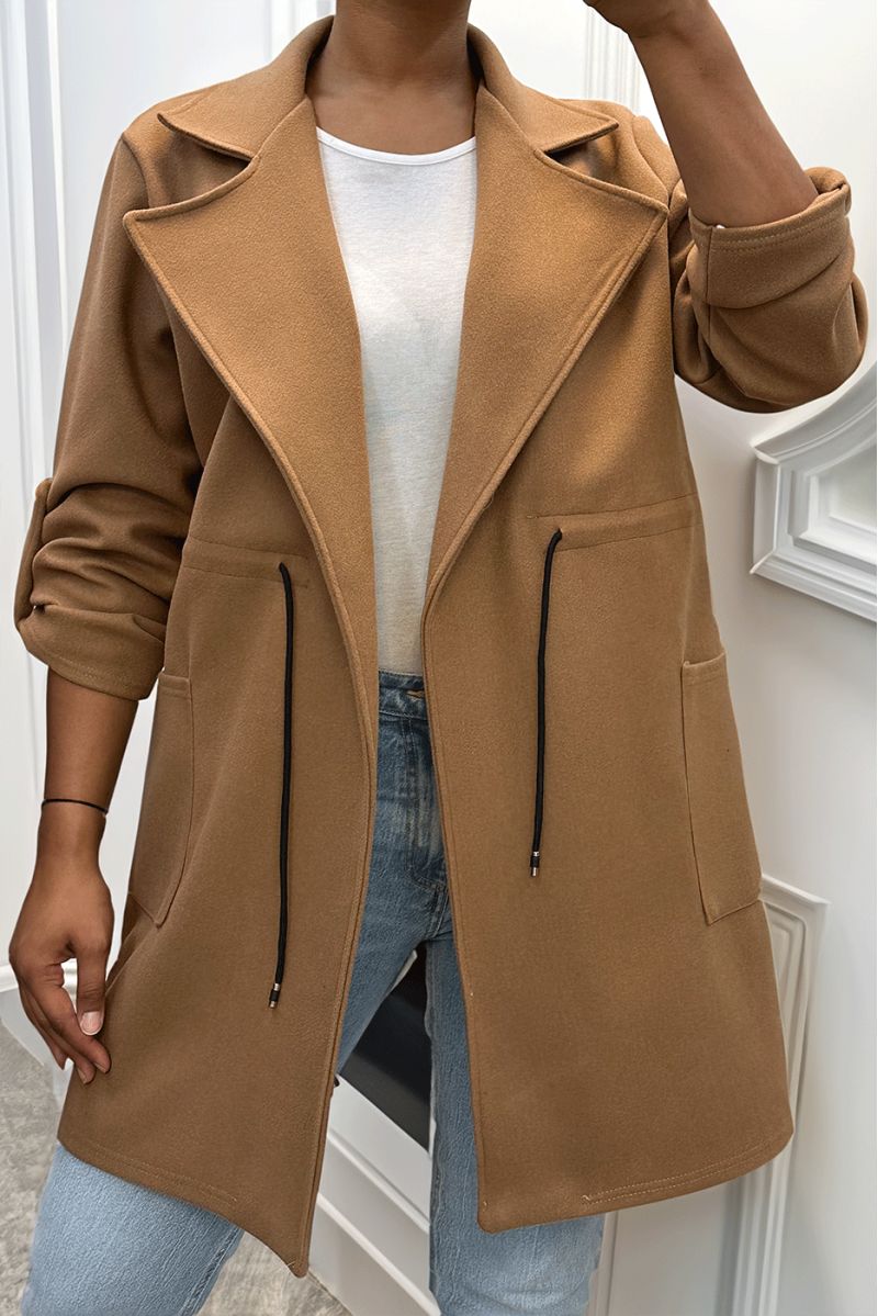 MaMMeau 3/4 camel met kanten riem in de taille met zakjes - 1