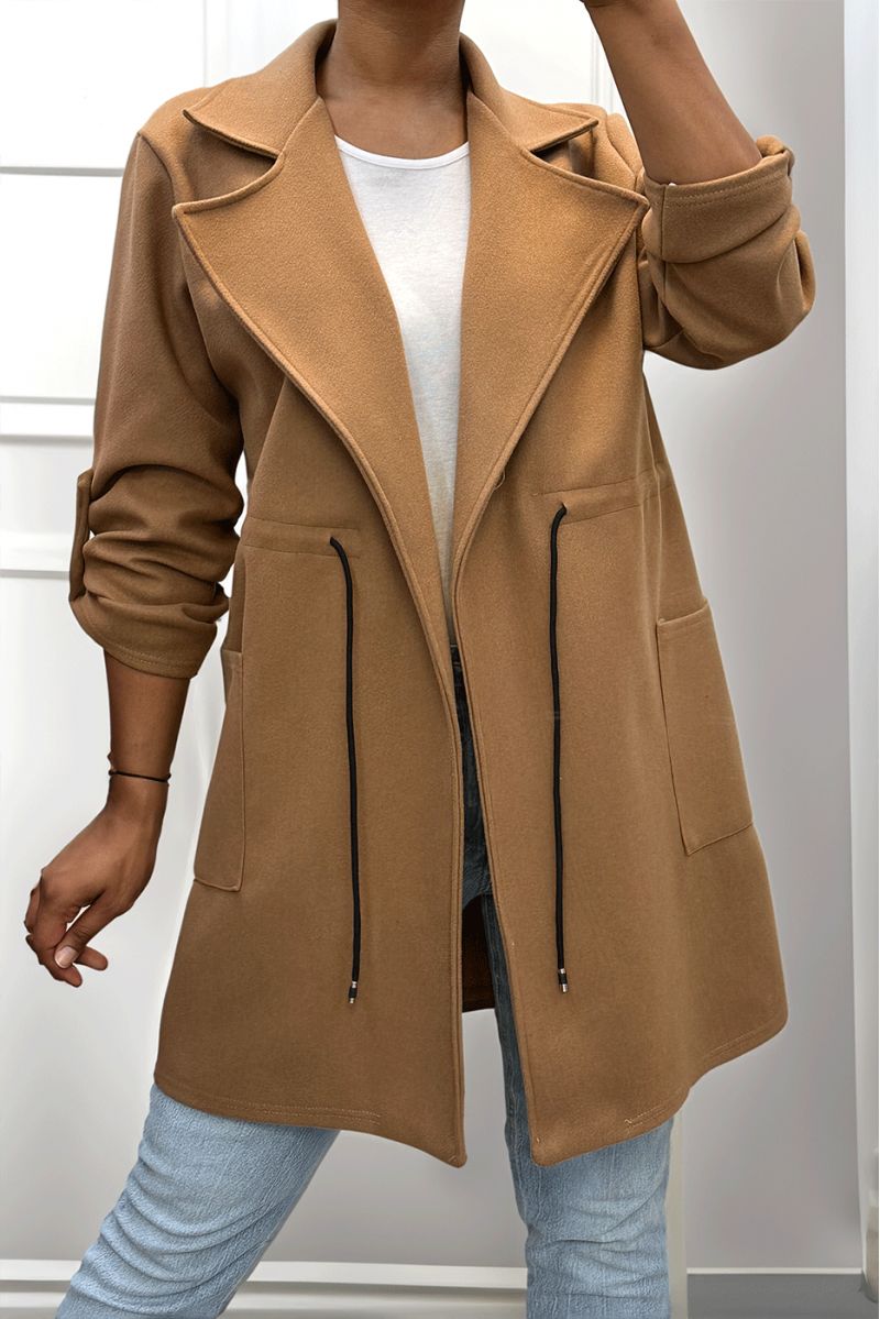 Manteau 3/4 camel avec ceinture lacet à la taille avec poches - 3